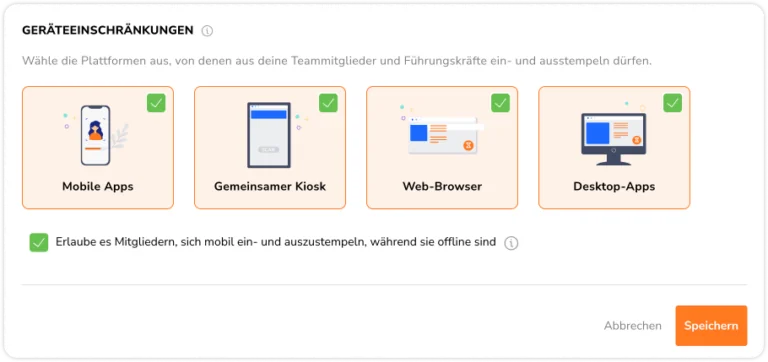 Time tracking policy settings – Device restrictions